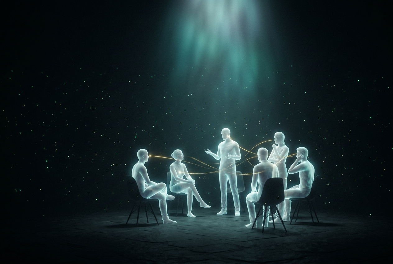 Ethereal figures exchanging silent signals