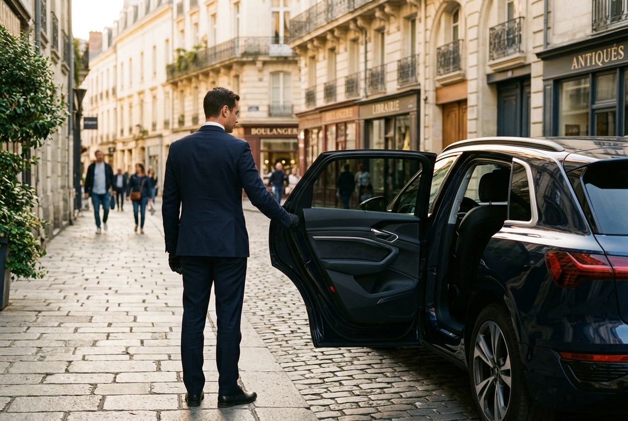 Chauffeur privé Goloire-Cab ouvrant la portière d'un SUV électrique dans une rue pavée de Nantes