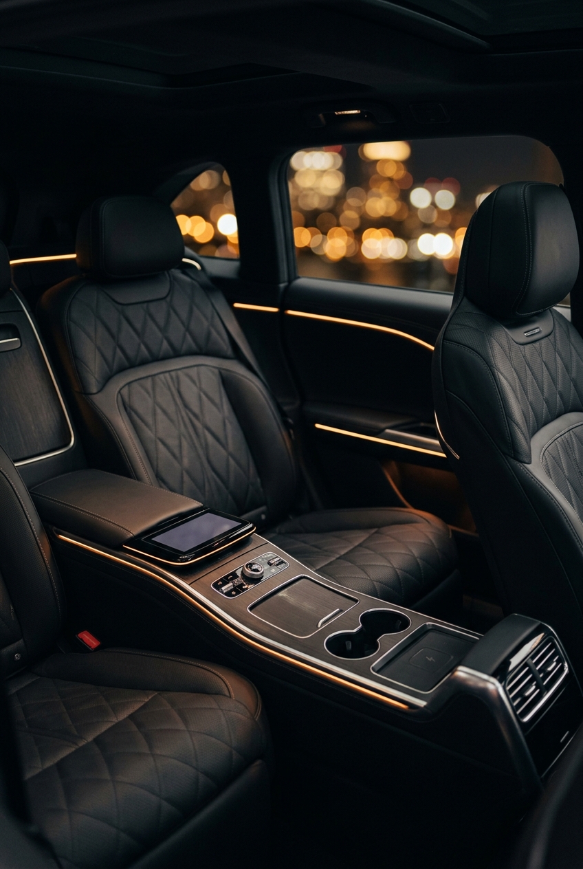 Intérieur cuir d'une berline électrique premium Goloire-Cab, éclairage d'ambiance de nuit