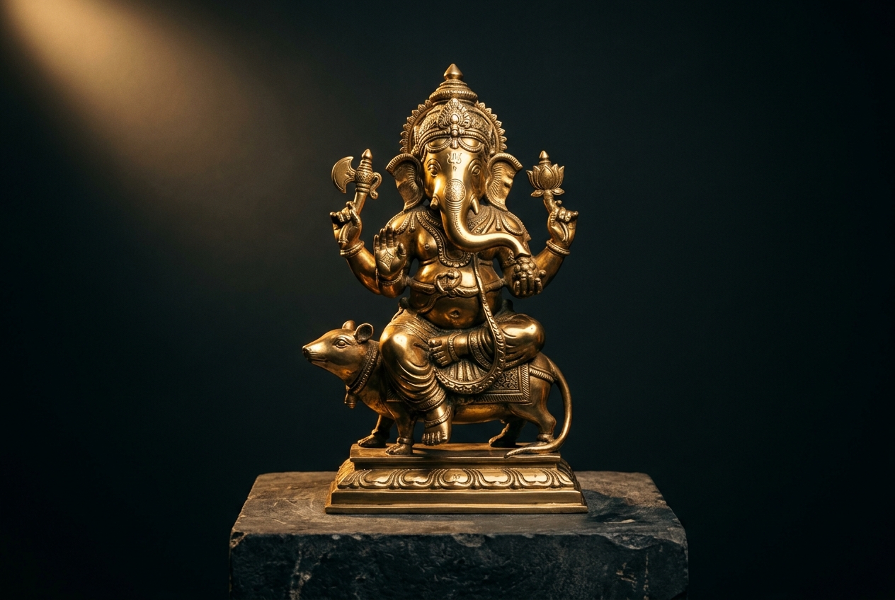 Freshly restored brass statue gleaming under a spotlight