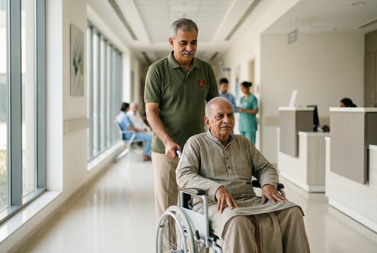 A veteran guiding an elderly patient through a hospital corridor