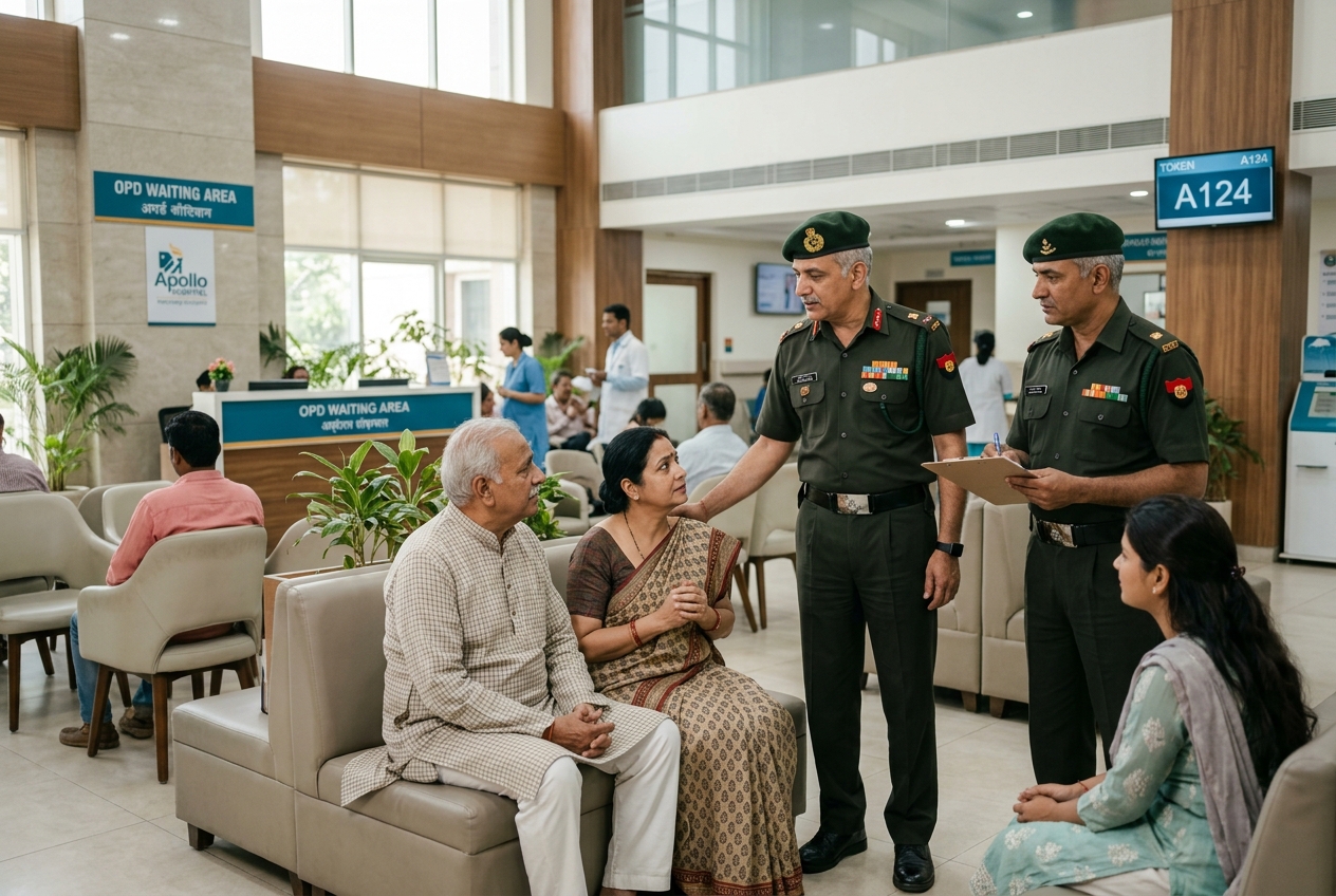 Ex-servicemen reassuring a patient's family in a hospital waiting area