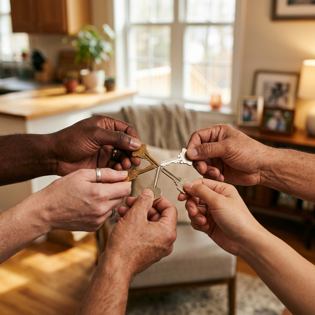 Diverse hands holding house keys