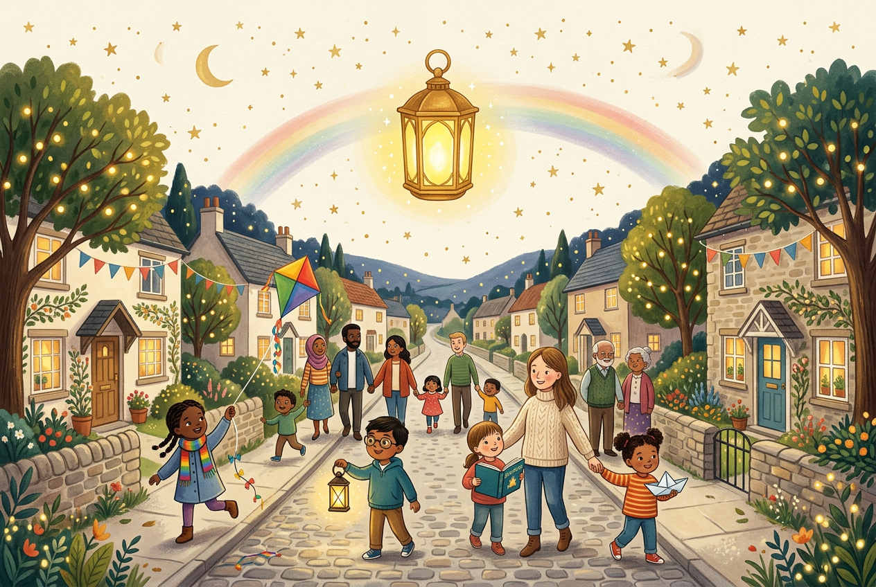 Illustrated lantern glowing above a welcoming community