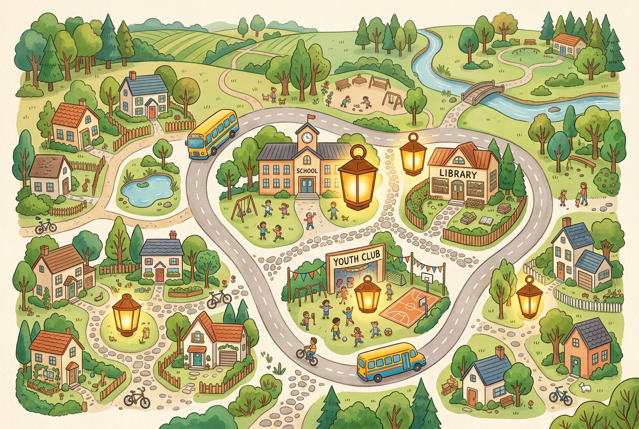 Illustrated community map with lantern markers