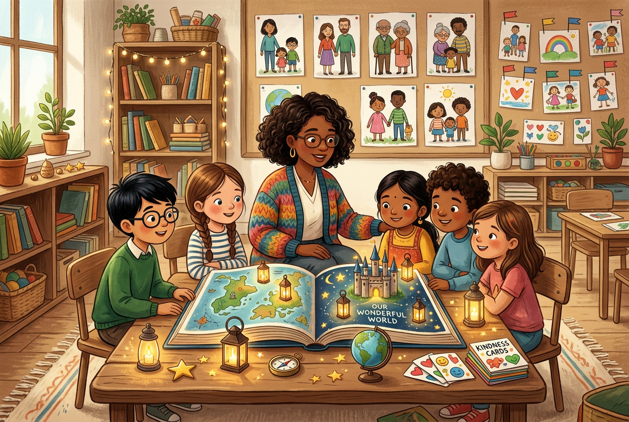 Illustrated classroom around a glowing book