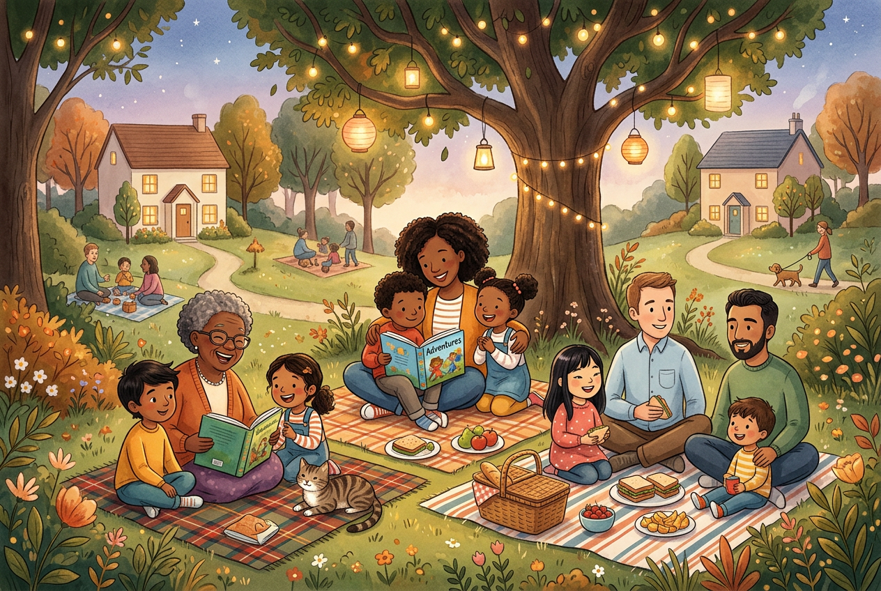 Illustrated families gathered warmly in a park