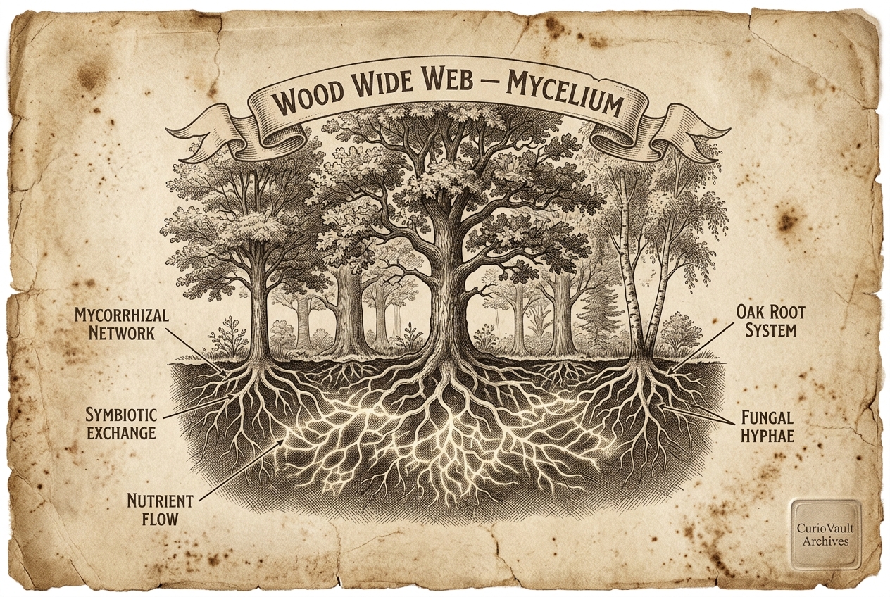 Trees talk to each other through a hidden internet — AI illustration