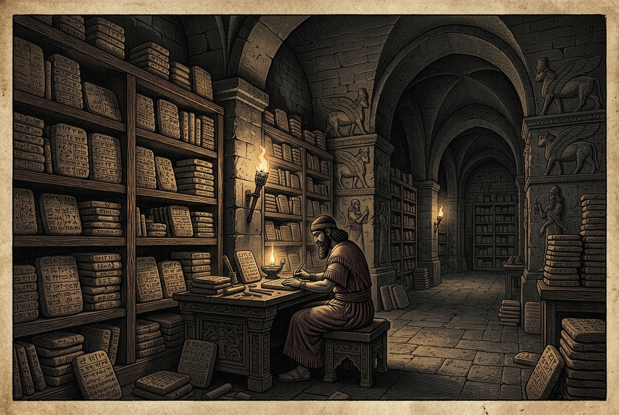 The Library of Ashurbanipal was the first searchable archive — AI illustration
