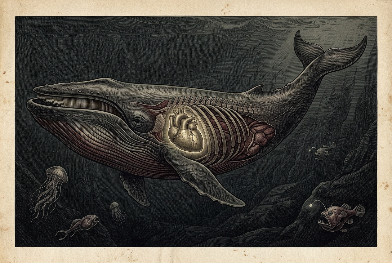 A blue whale's heart is the size of a small car — AI illustration