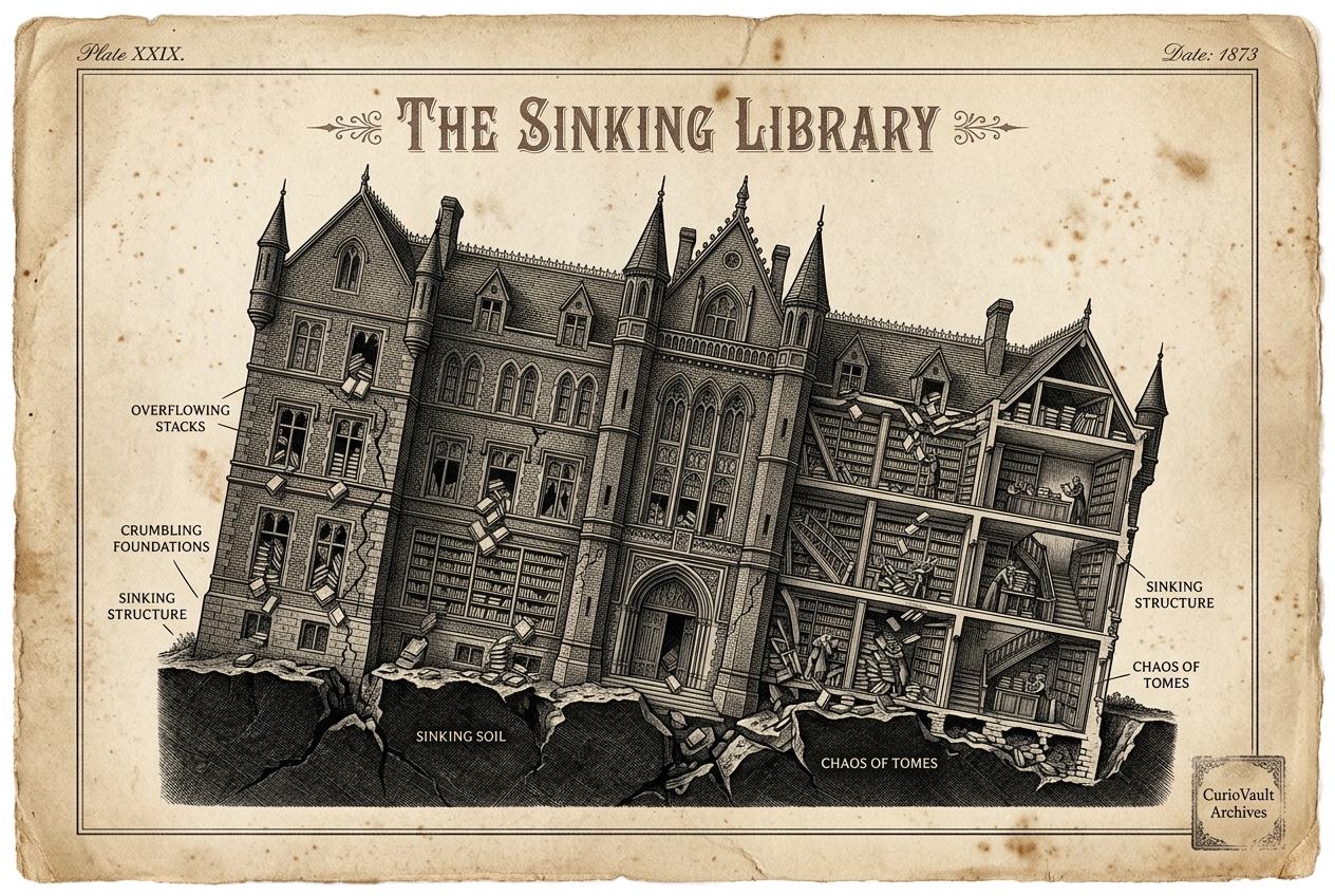 The Library That Sinks A Few Millimetres Every Year — AI illustration