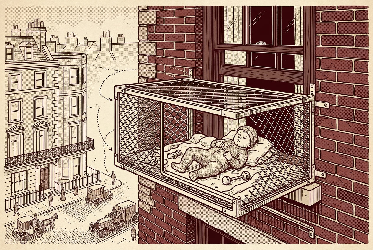 The Baby Cage — A Window Box for Infants — AI illustration