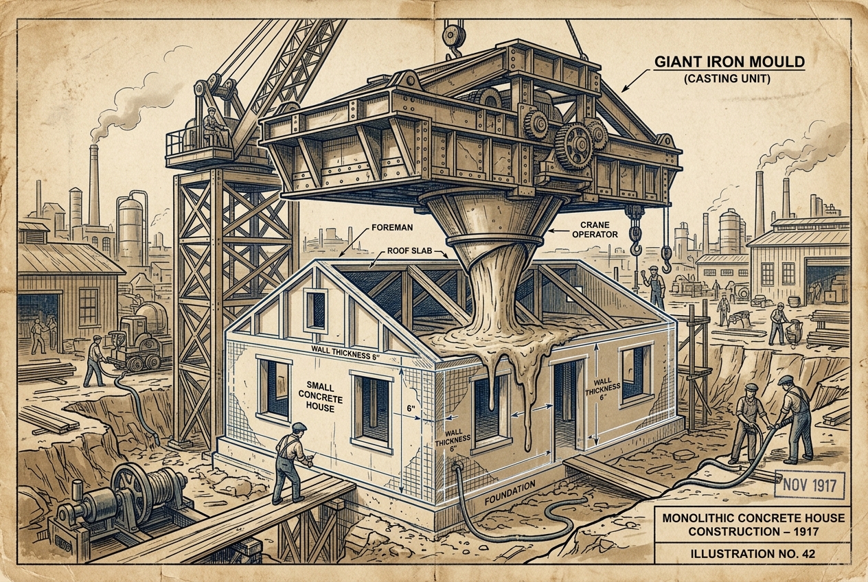 Edison's Concrete Houses You Could Pour Like Cake — AI illustration