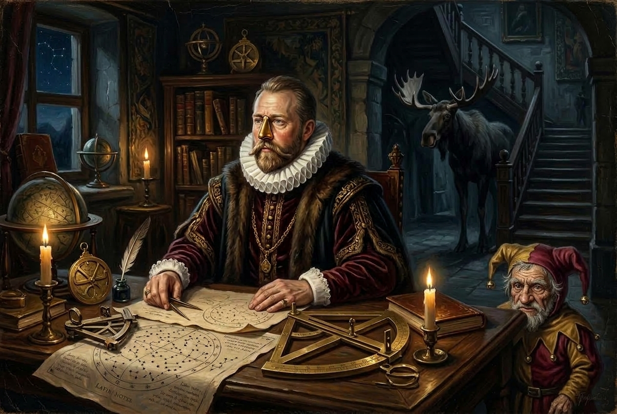 A Genius Astronomer with a Brass Nose, a Clairvoyant Dwarf, a Drunk Moose, No Telescope and a Weak Bladder! — AI illustration