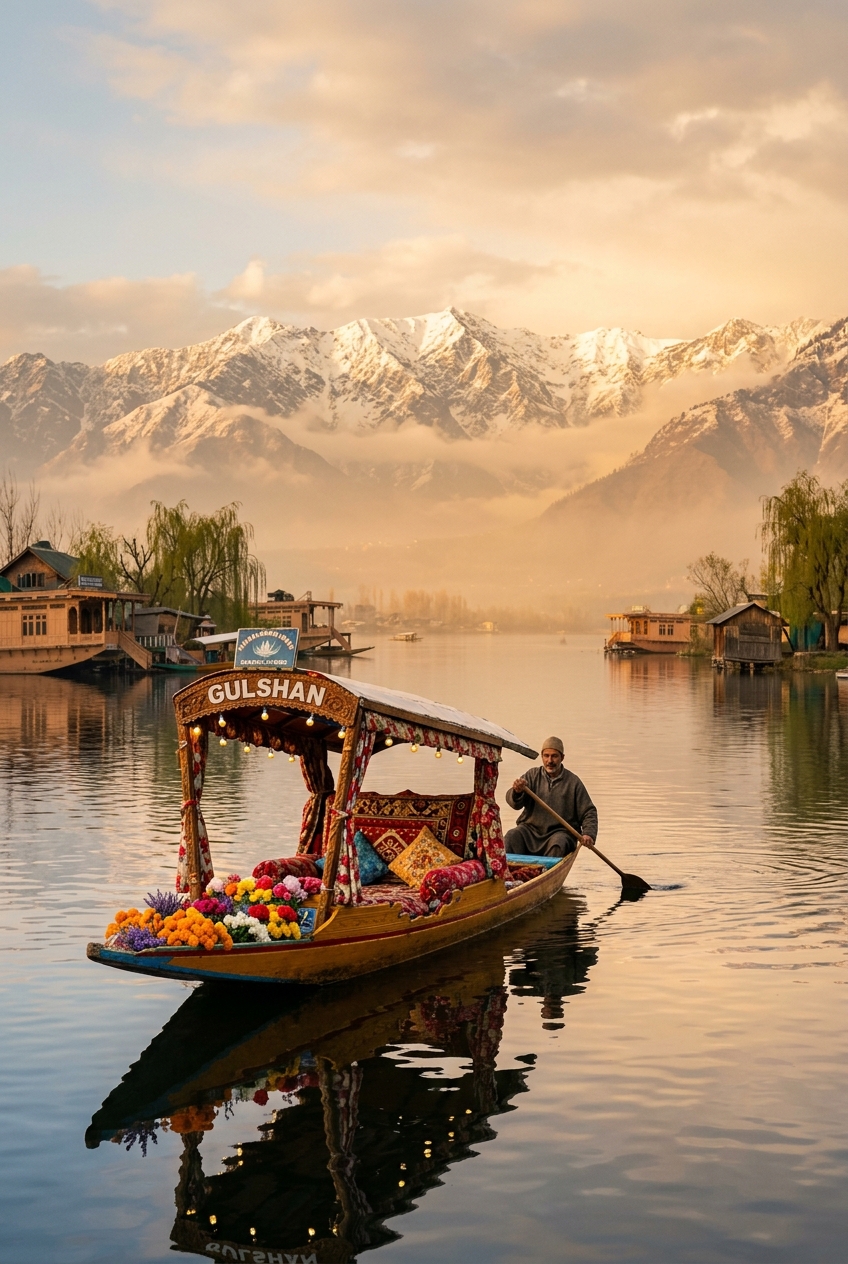 Traditional shikara on Dal Lake with the Kashmir mountains behind