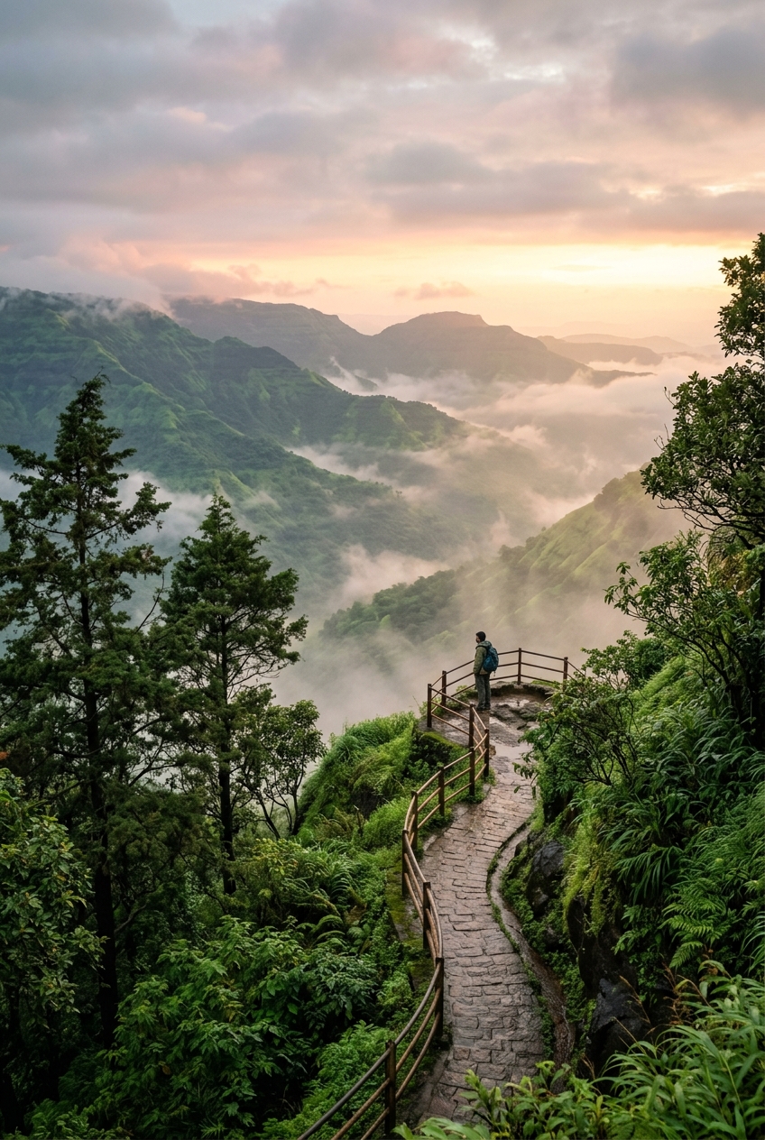 Misty green hill landscapes and winding viewpoint path in Mahabaleshwar, Maharashtra
