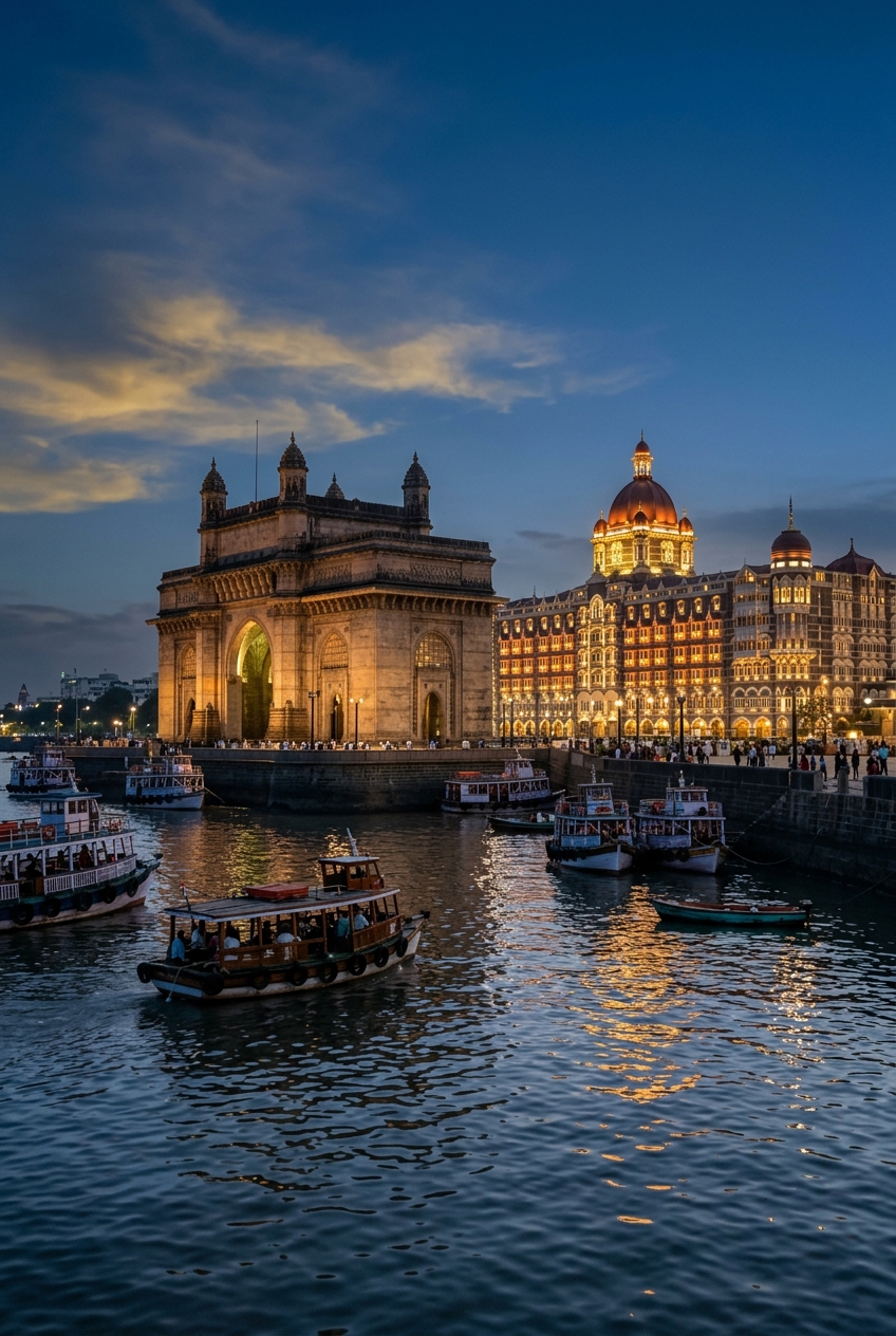 Gateway of India and Taj Mahal Palace Hotel glowing at Mumbai blue hour