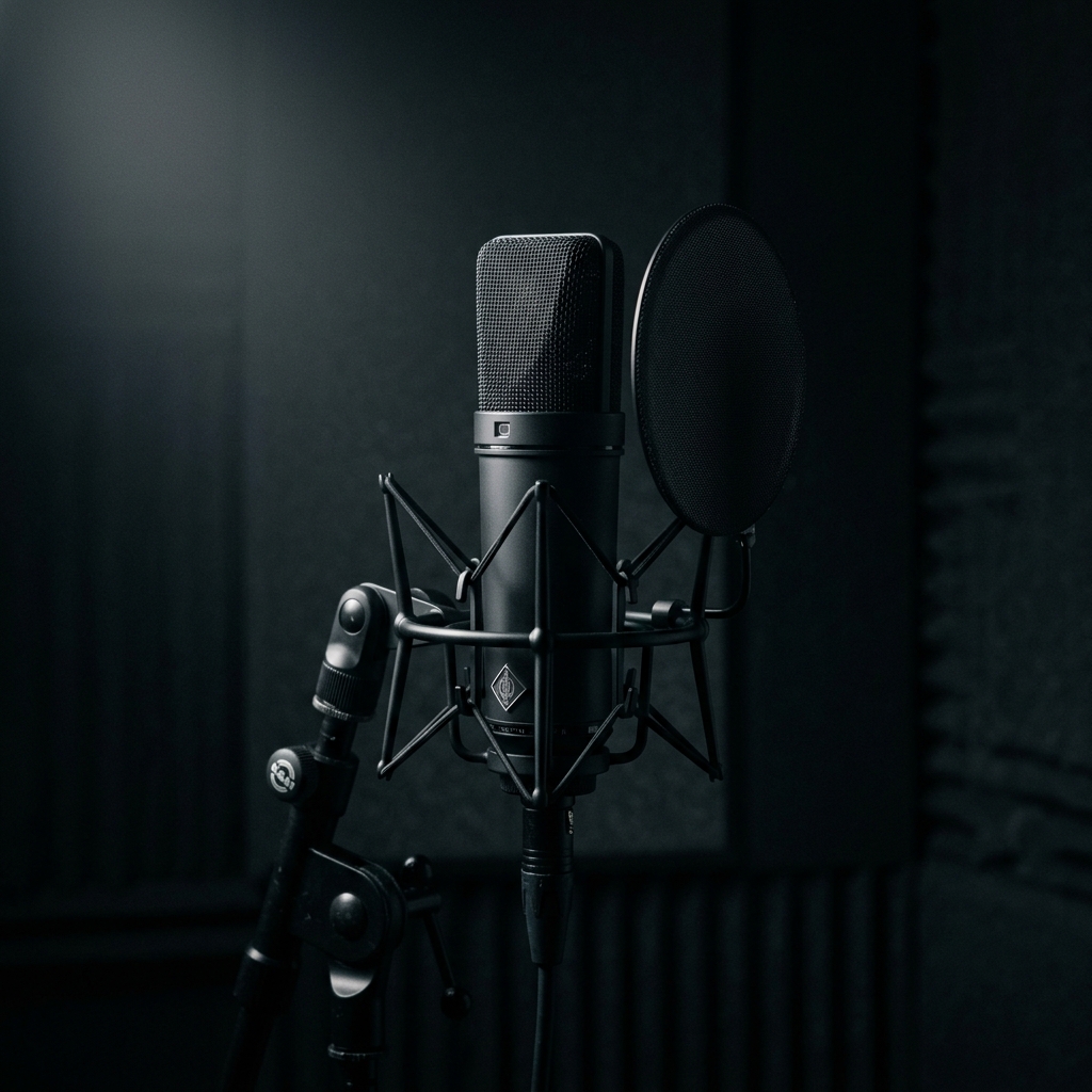 Studio microphone under a soft spotlight