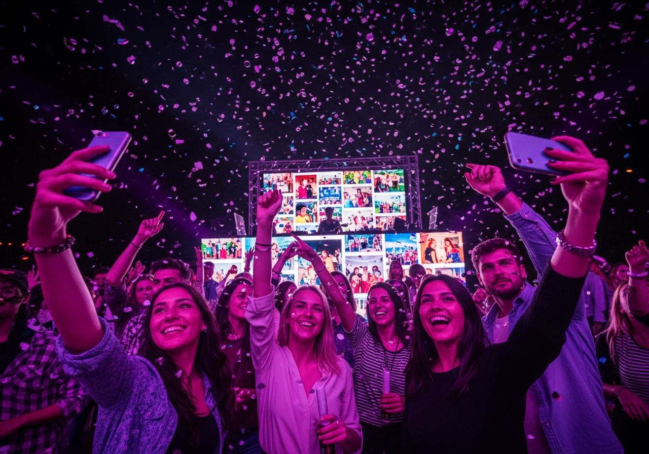 Photo Live en action - Foule en fête prenant des selfies