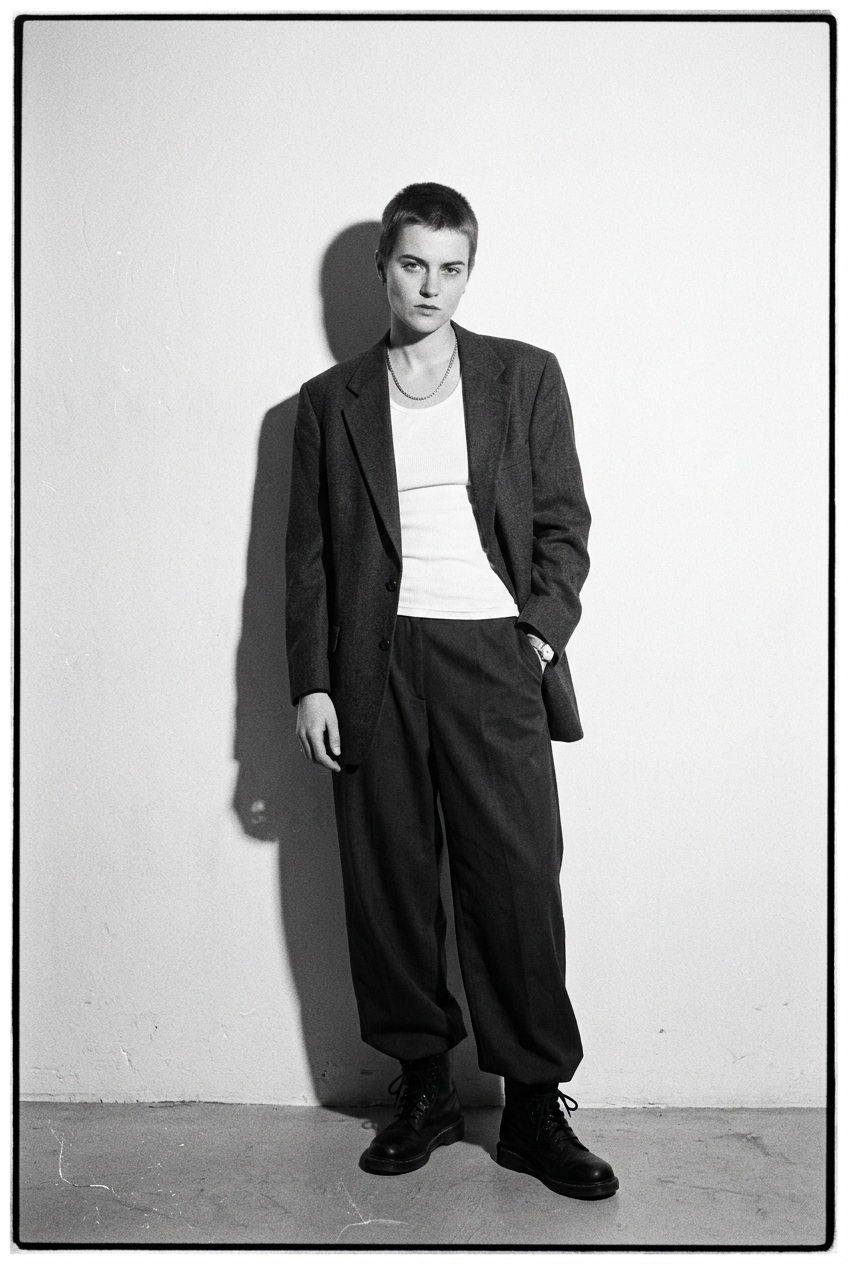 Editorial portrait on film: oversized charcoal blazer, direct flash