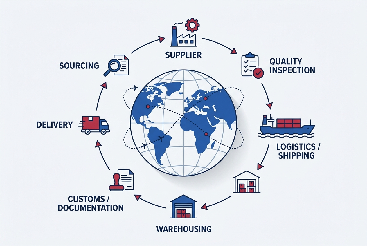 International trade flow diagram with a global sourcing and delivery cycle