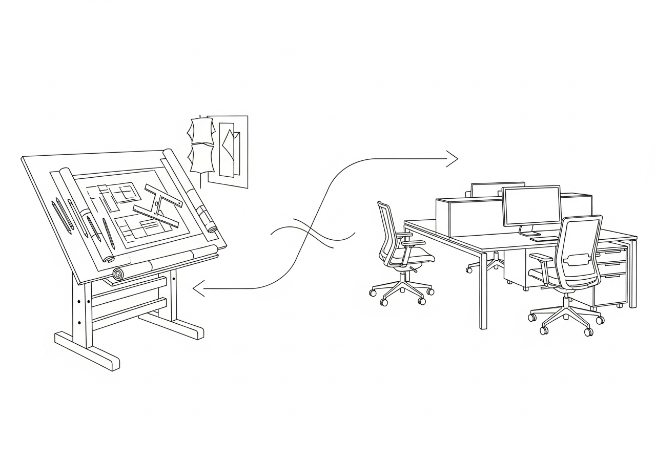 Line art illustration of interior design studio evolving into modern corporate office