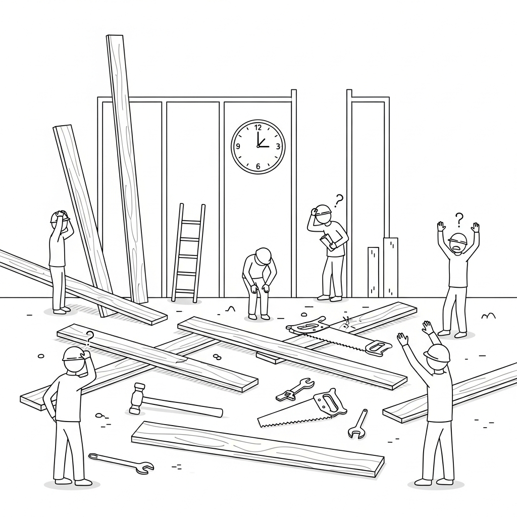 Line art illustration of chaotic traditional office construction with scattered materials and delays
