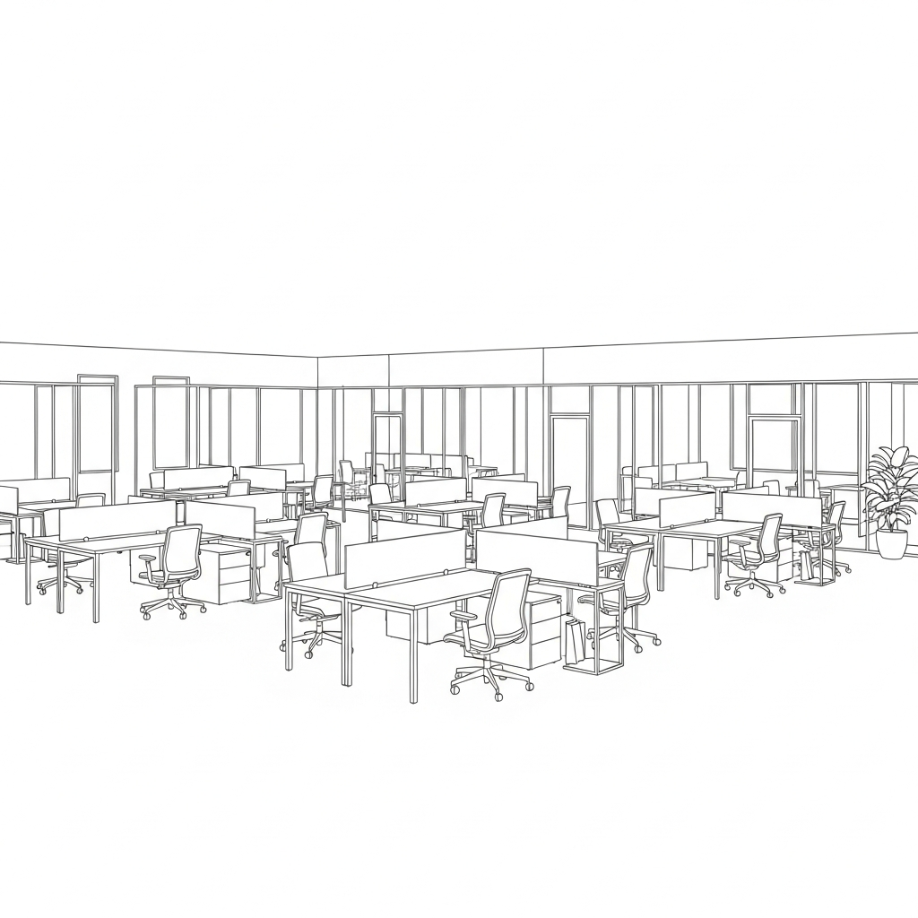 Line art illustration of completed modern corporate office with modular workstations