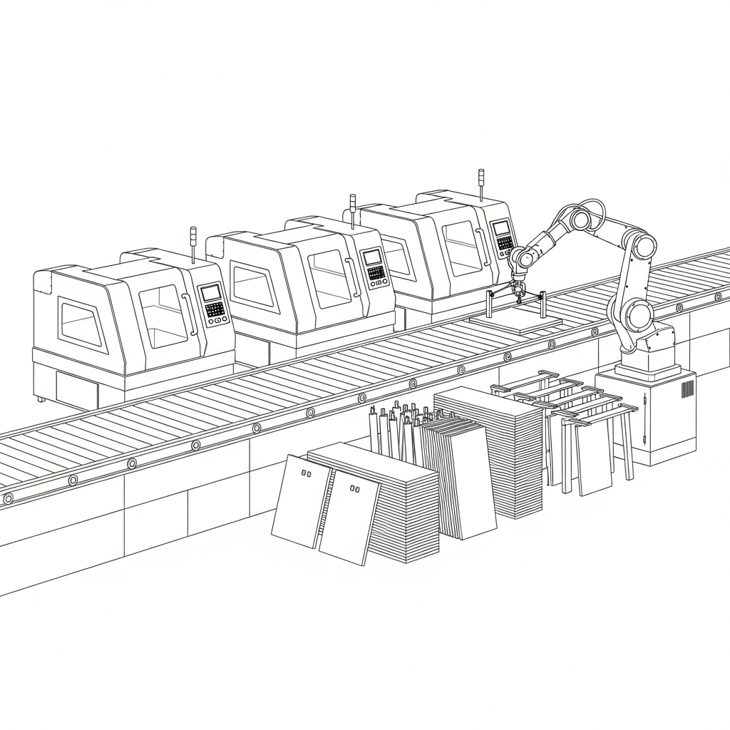 Line art illustration of automated modular furniture manufacturing assembly line