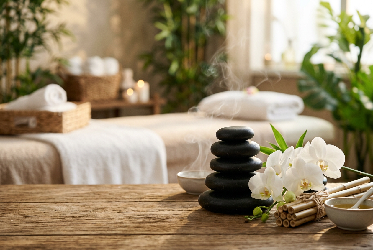 Hot stones and orchids in a serene spa setting
