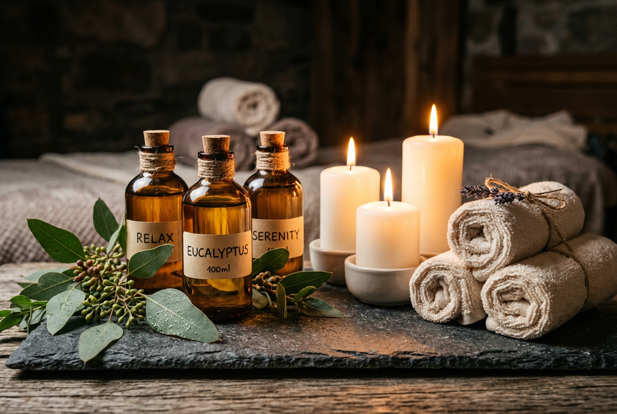 Massage oils and candles on a stone tray
