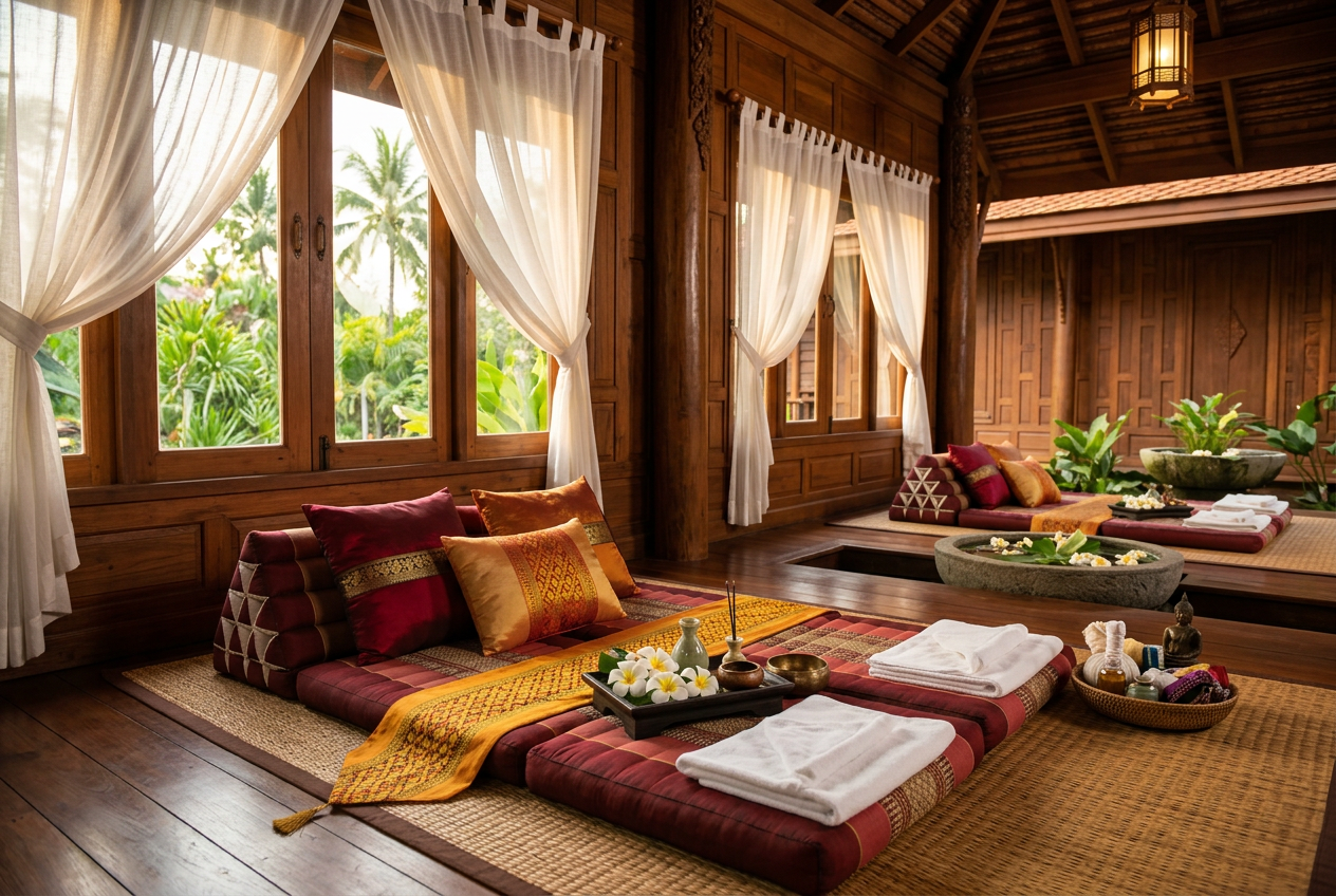 Traditional Thai massage room with silk cushions