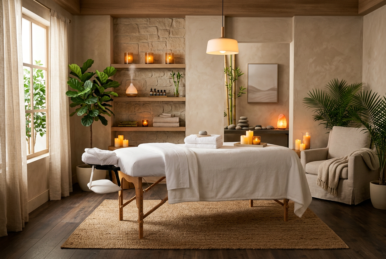 Elegant massage therapy room with candles