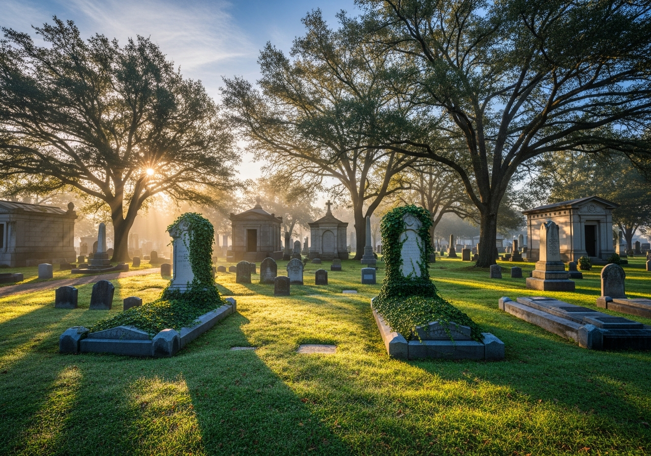 Historic cemetery at sunrise