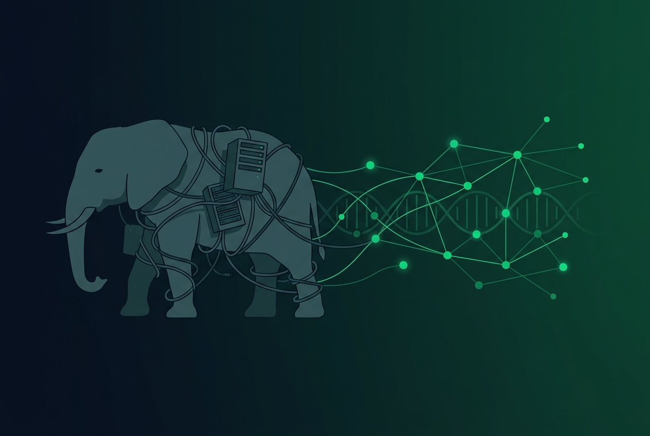 A heavy legacy elephant dissolving into a lean, distributed network of autonomous agents