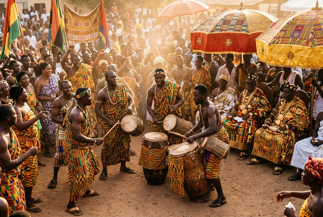 Drummers in kente cloth at a Ghanaian festival