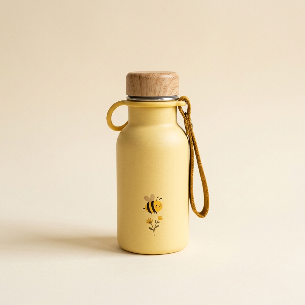 Peachy Bee small steel bottle in butter yellow with bee motif