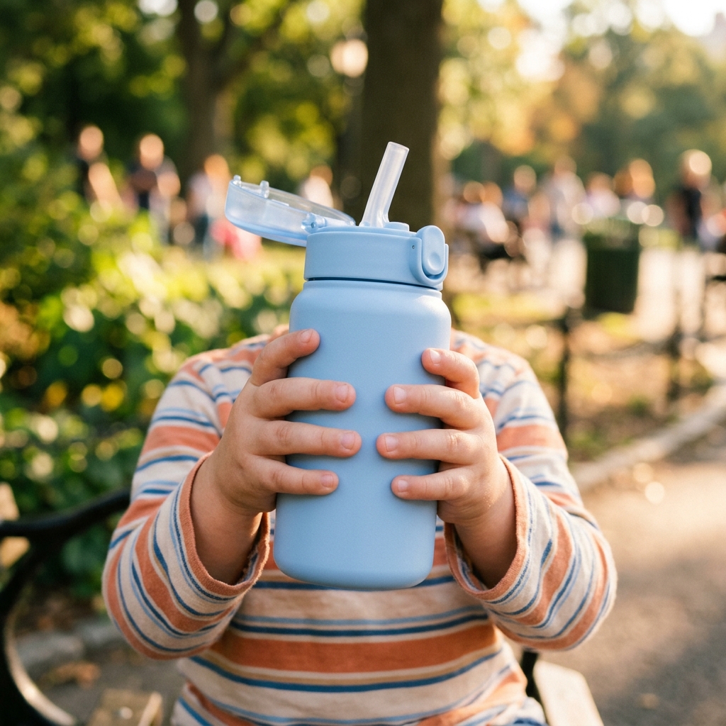Child holding a pastel blue bottle in the park