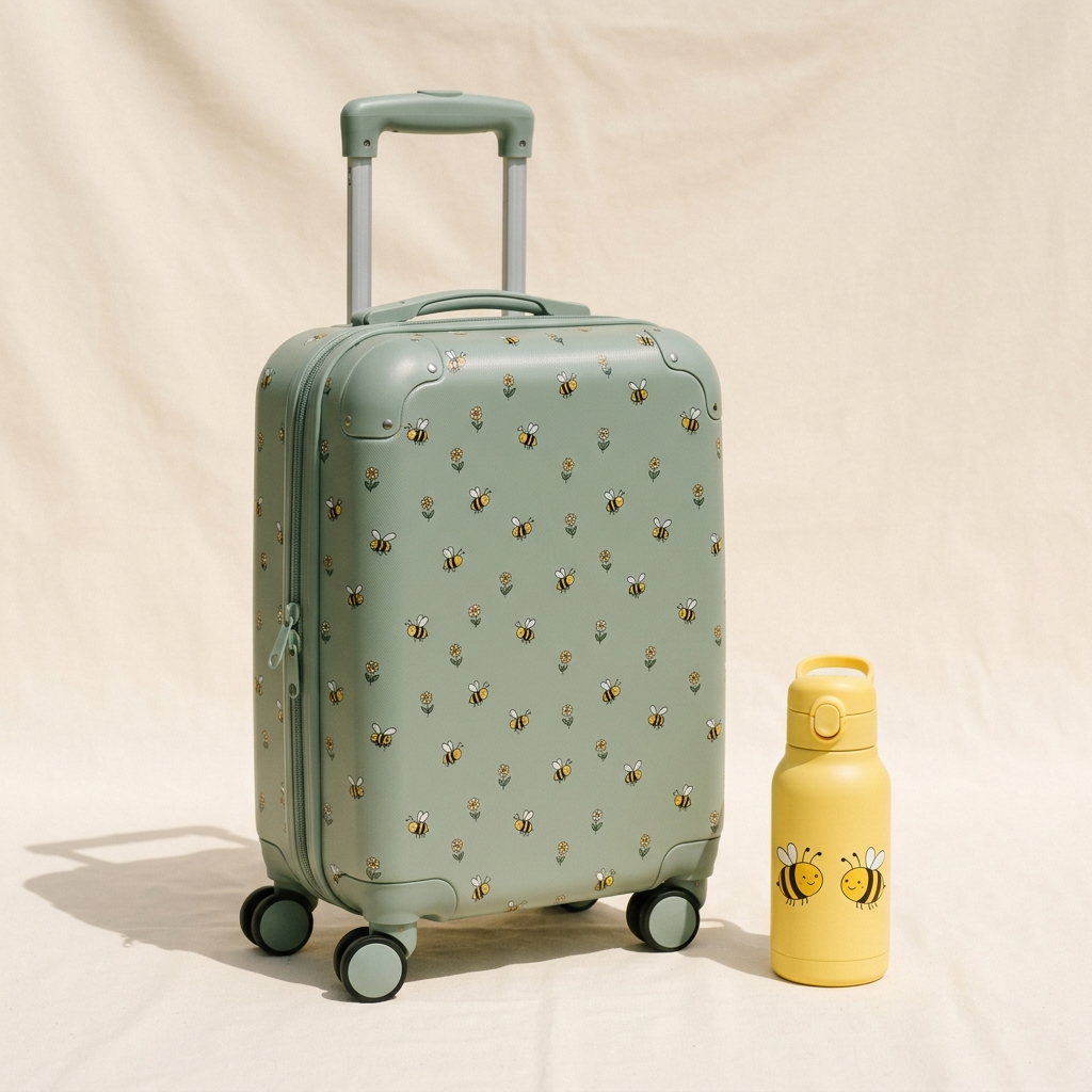 Little Explorer travel bundle: sage trolley case with bee print and yellow bottle