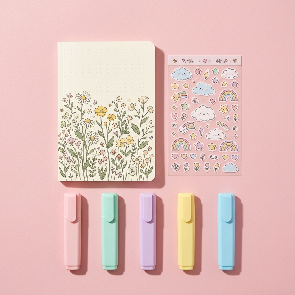 Meadow print journal with sticker sheet and pastel highlighters