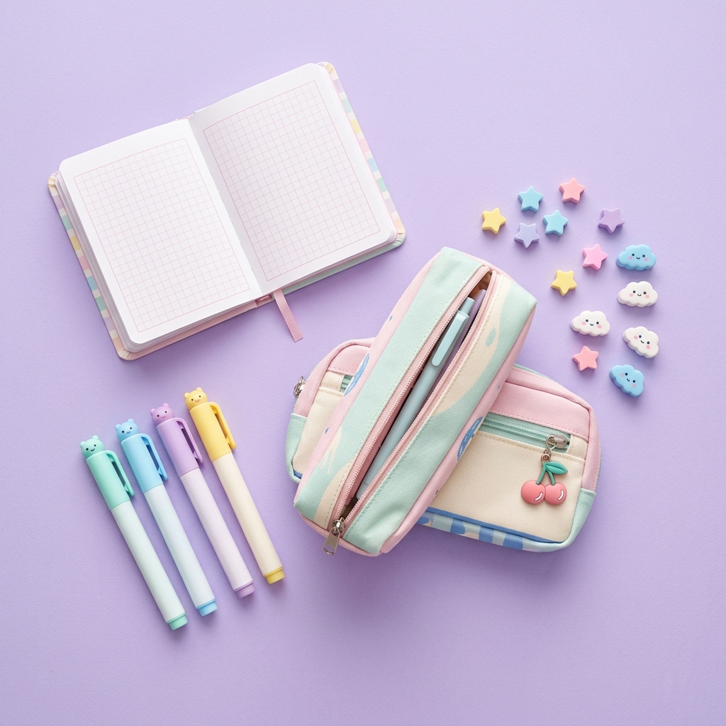 Kawaii starter stationery pack with pouch, erasers, highlighters and notebook