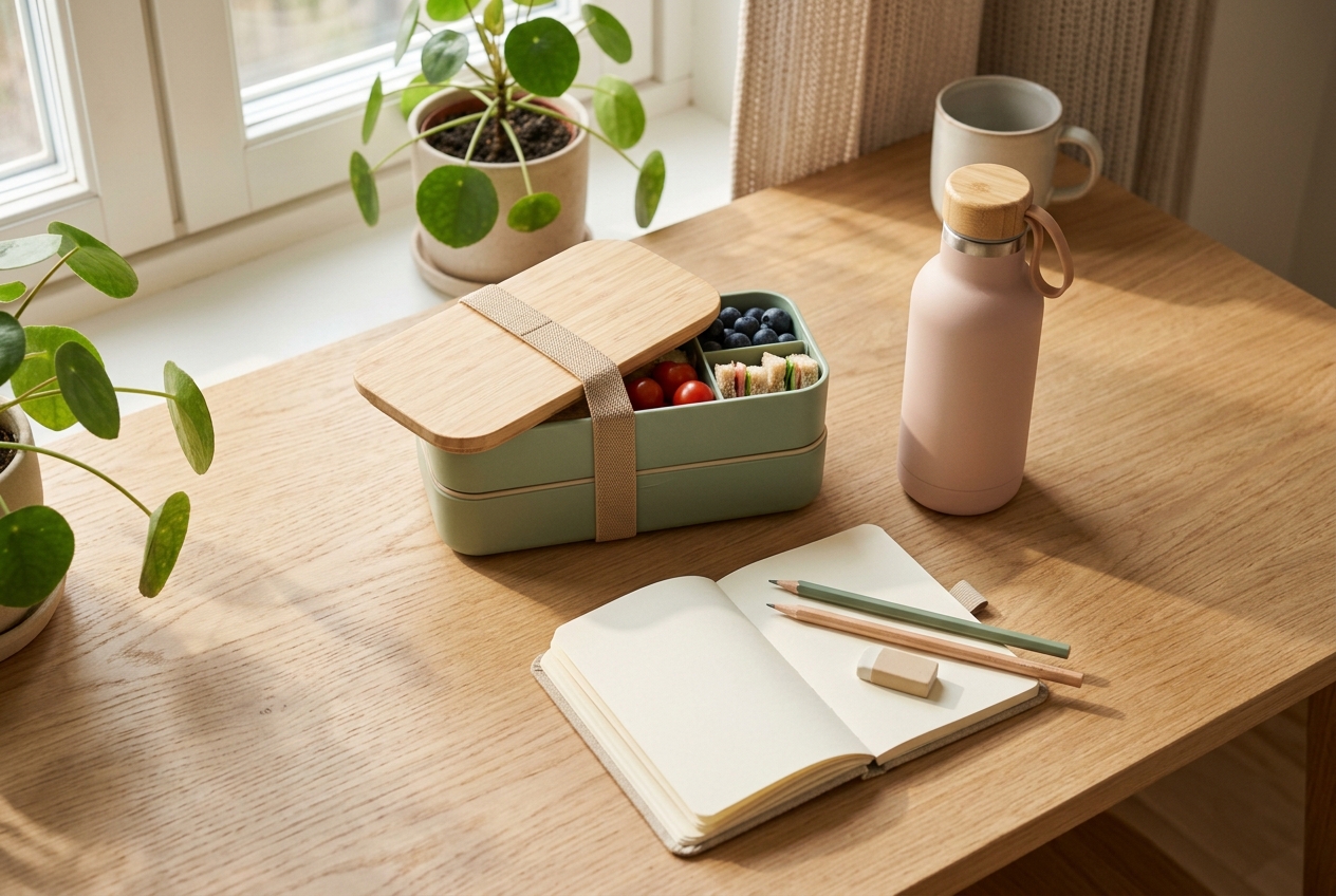 A school-morning flat lay with a lunch box, bottle and pencils on a wooden desk