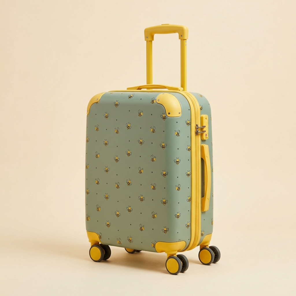 Wander Bee trolley suitcase in sage green with bee print