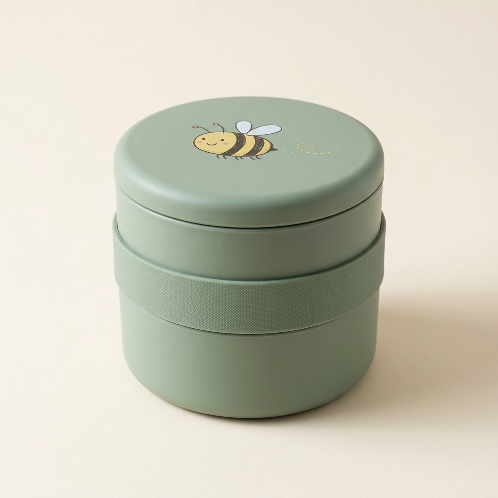 Bee Happy two-tier round lunchbox in sage green