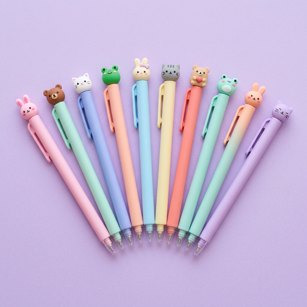 Set of ten pastel gel pens with kawaii animal toppers