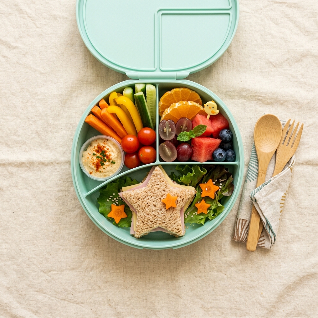 Bento box packed with colourful fruit and vegetables