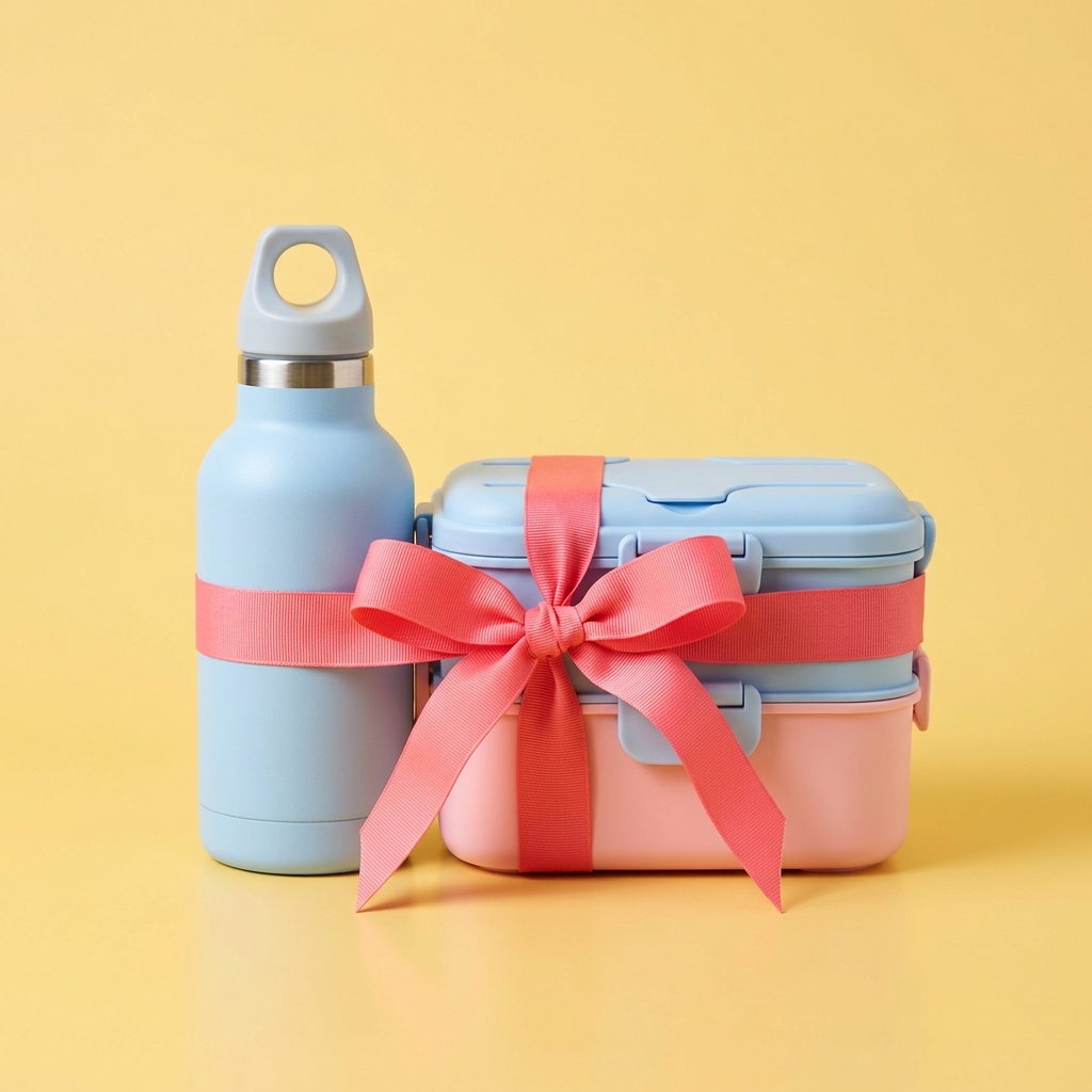 Big Smile gift set: insulated bottle and bento box tied with coral ribbon