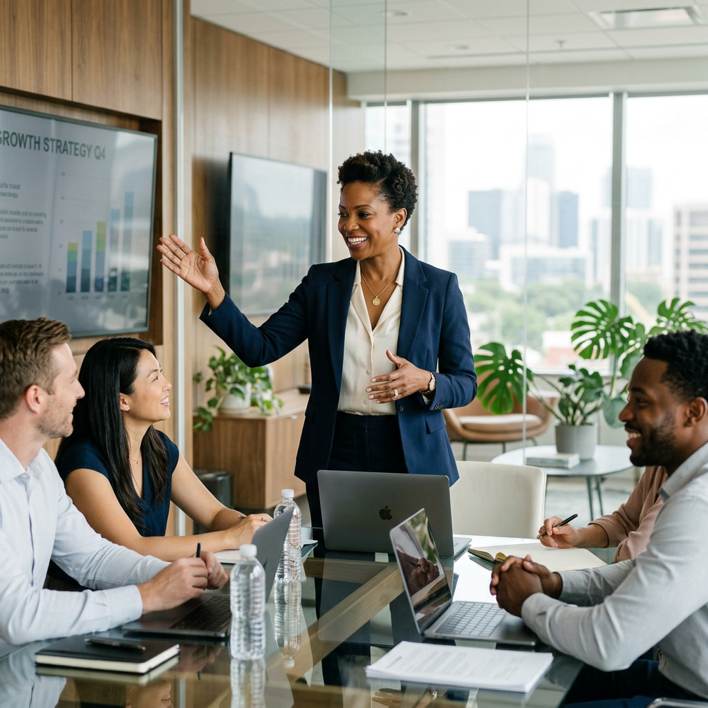 Business professional explaining strategy to a team