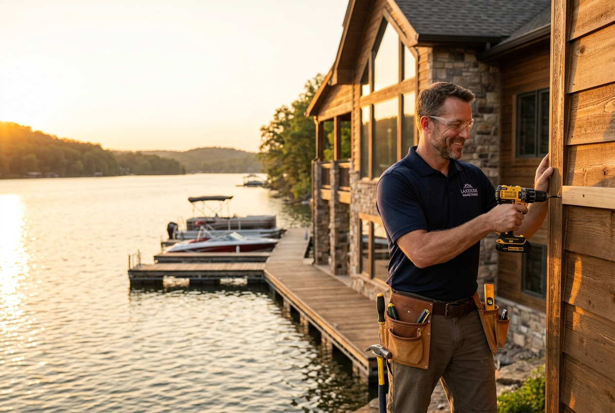 Handyman working on a lakeside home