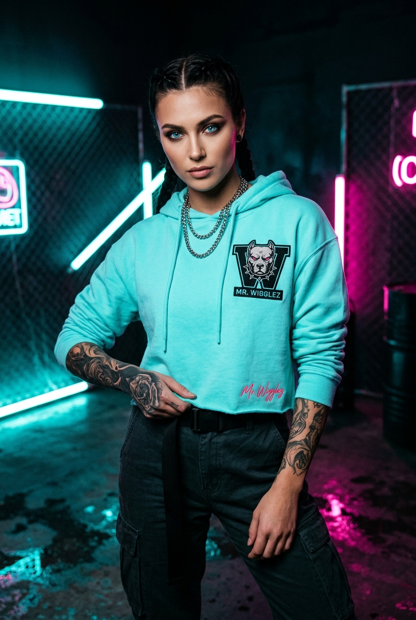 Mrs. Wigglez Crop Hoodie — Aqua (Signed)